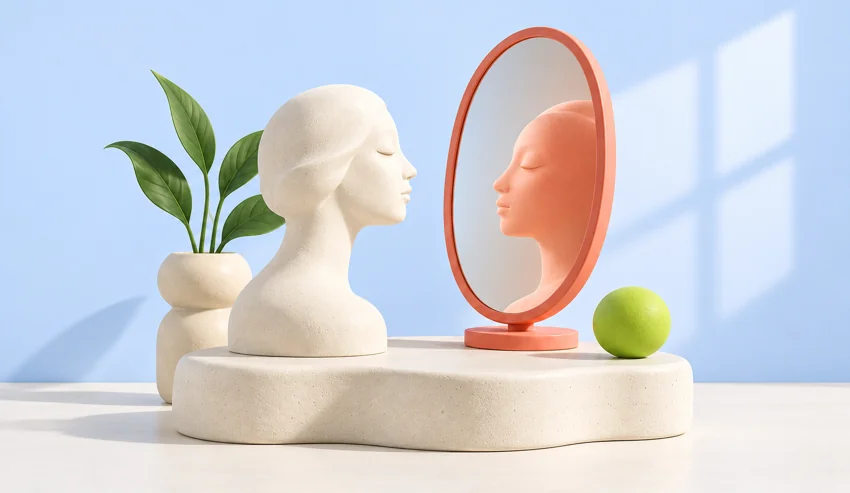 A ceramic figure reflected in a coral mirror beside a green plant.